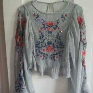 Free People Floral Embroidered Blouse - Gray and Red
